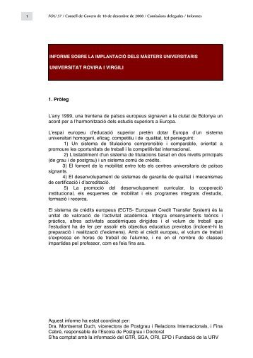 Informe de la implantació dels màsters universitaris - Universitat ...