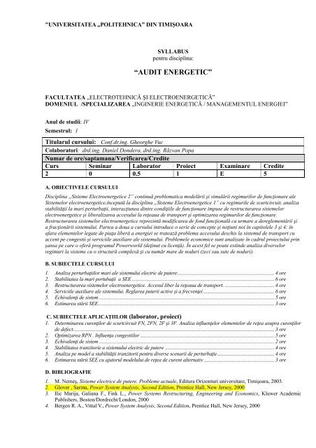 audit energetic - Facultatea de Electrotehnică şi Electroenergetică