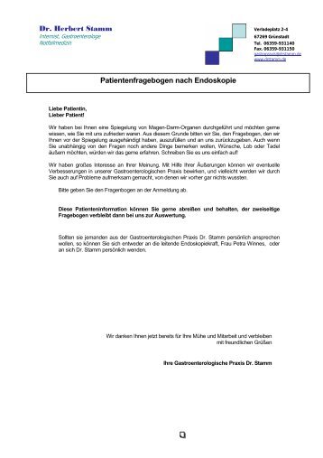 Fragebogen nach der Endoskopie - Dr.med. Herbert Stamm Grünstadt