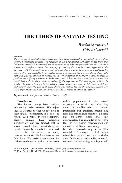 THE ETHICS OF ANIMALS TESTING - Romanian Journal of Bioethics