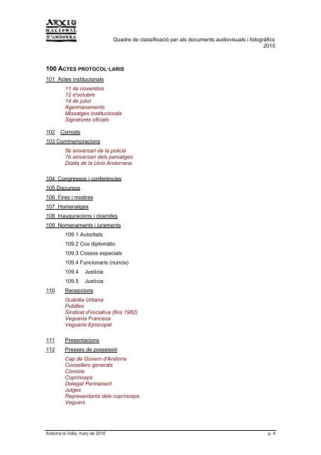 quadre de classificació per als documents audiovisuals i fotogràfics