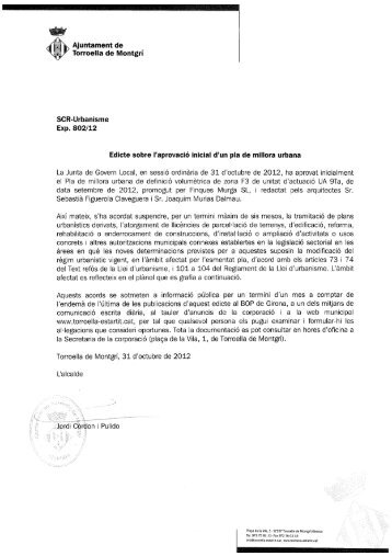 Edicte d'aprovació inicial PMU UA9Ta - Ajuntament de Torroella de ...