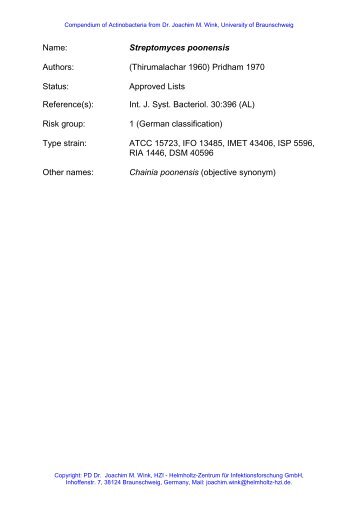 Name: Streptomyces poonensis Authors: (Thirumalachar ... - DSMZ