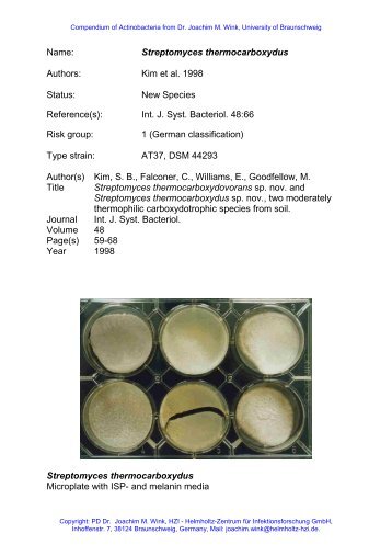 Name: Streptomyces thermocarboxydus Authors: Kim et al ... - DSMZ