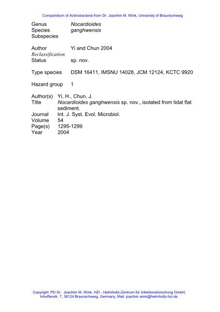 Genus Nocardioides Species ganghwensis Subspecies ... - DSMZ