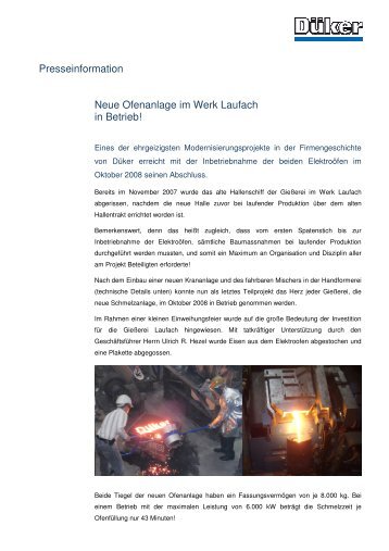 Presseinformation Neue Ofenanlage im Werk Laufach in Betrieb!