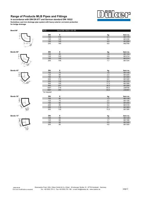 Range of Products MLB Pipes and Fittings - Düker GmbH & Co KGaA