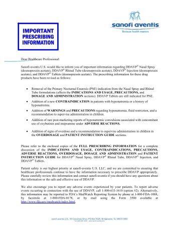 DDAVP Dear Healthcare Professional letter - Sanofi-Aventis