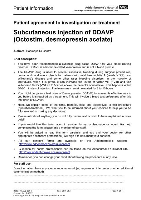 Subcutaneous injection of DDAVP (Octostim, desmopressin acetate)