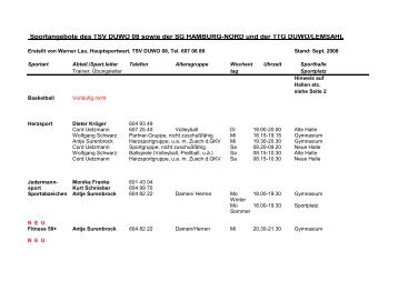 Sportangebote des TSV DUWO 08 sowie der SG HAMBURG-NORD ...