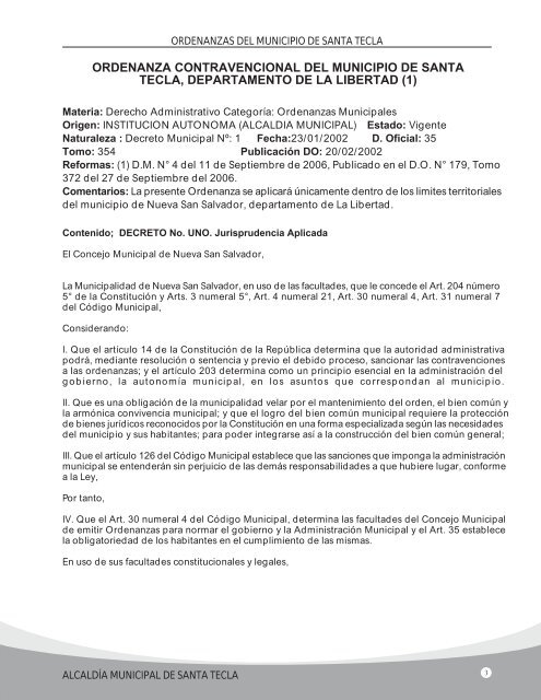 Ordenanza Contravencional del Municipio de Santa Tecla ...