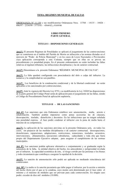 TEMA: REGIMEN MUNICIPAL DE FALTAS ORDENANZA Nº 11.159 ...