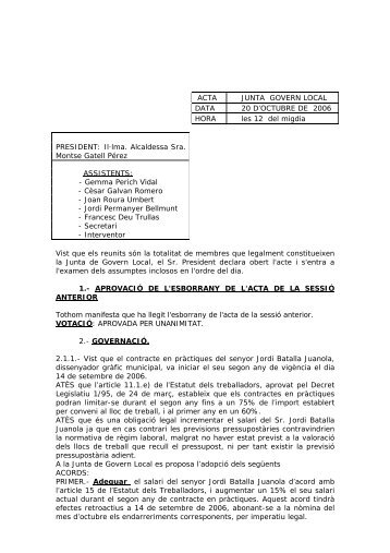 ACTA JUNTA GOVERN LOCAL DATA 20 D'OCTUBRE DE 2006 ...