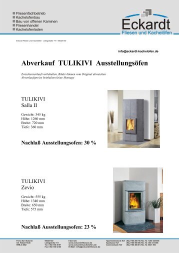 Abverkauf TULIKIVI Ausstellungsöfen - Eckardt - Fliesen