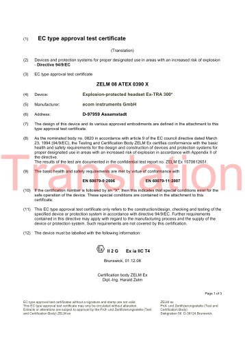EC type approval test certificate - Ecom instruments