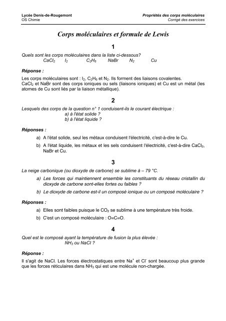 Propriétés des corps moléculaires - rpn