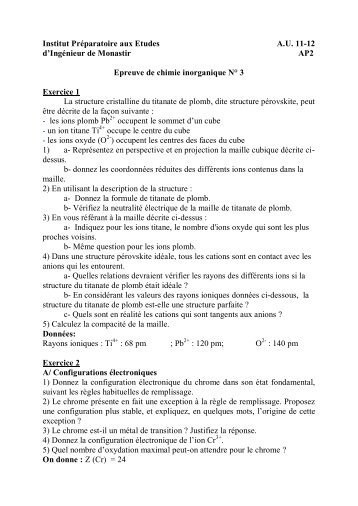 Corrigé d'Examen de Chimie Inorganique MP2-PC2-T2 - IPEIM