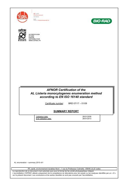 AFNOR Certification of the AL Listeria monocytogenes enumeration ...