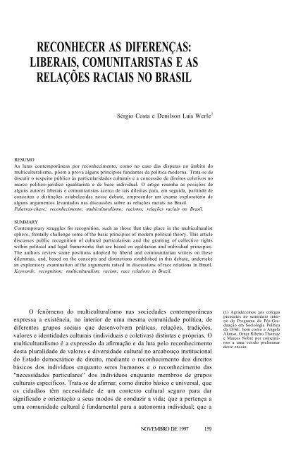 liberais, comunitaristas e as relações raciais no brasil