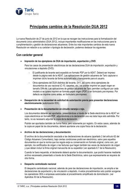 Principales cambios de la Resolución DUA 2012