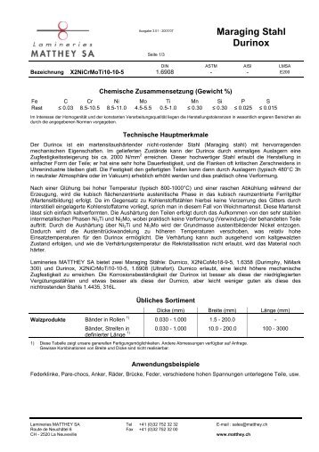 Maraging Stahl Durinox - Matthey.ch