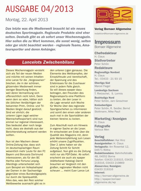 Leipziger Sportwoche - Regionale Fußball Zeitung - Ausgabe 04 vom 22.04.2013