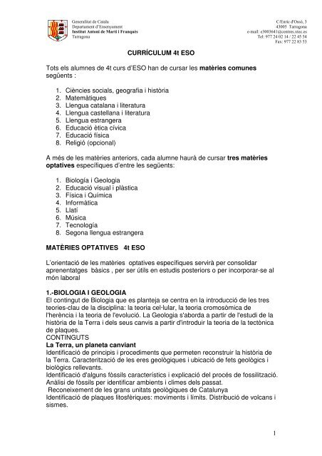 Estructura curricular 4t d'ESO - Institut Antoni de Martí i Franquès