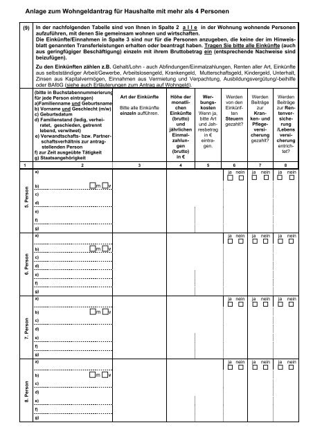 Anlage zum Wohngeldantrag für Haushalte mit mehr als 4 Personen