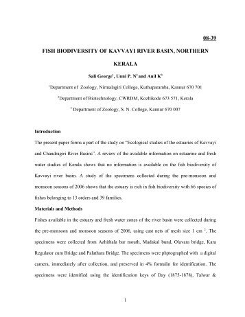 fish biodiversity of kavvayi river basin, northern kerala