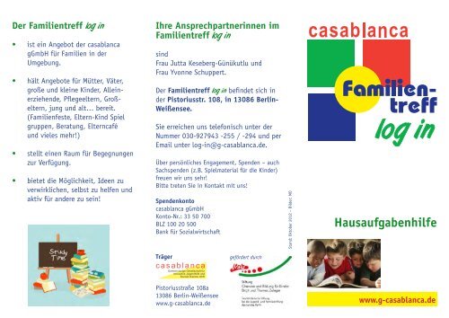 Faltblatt 'Familientreff log in - Hausaufgabenhilfe' - casablanca gGmbH