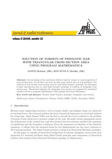 solution of torsion of prismatic bar with triangular cross ... - Aplimat