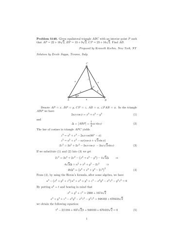 Problem 5140. Given equilateral triangle ABC with an ... - ESuppa.it