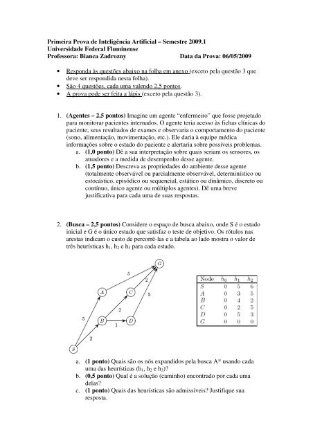 Primeira Prova de Inteligência Artificial – Semestre 2009.1 ... - UFF