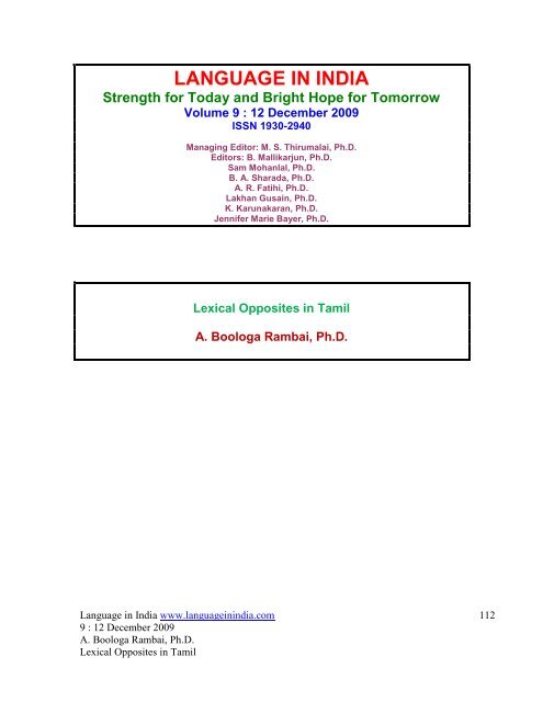 LEXICAL OPPOSITES IN TAMIL - Language in India