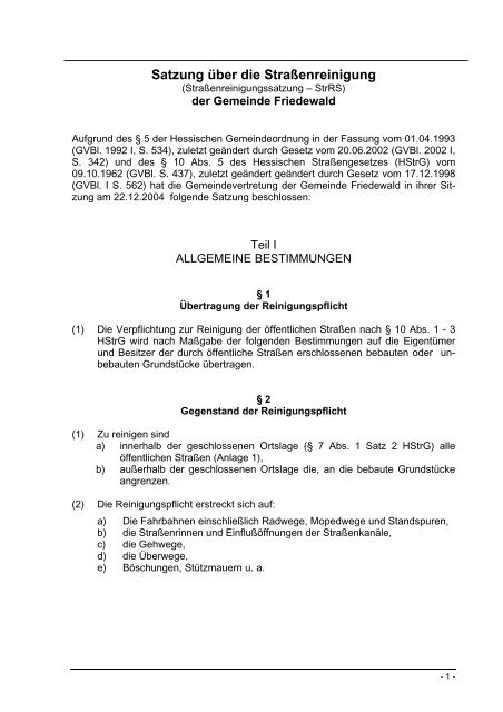 Mustersatzung über Straßenreinigung - Gemeinde Friedewald