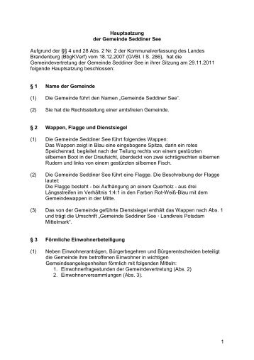 1 Hauptsatzung der Gemeinde Seddiner See Aufgrund der §§ 4 und ...