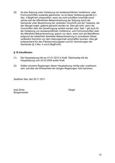 1 Hauptsatzung der Gemeinde Seddiner See Aufgrund der §§ 4 und ...