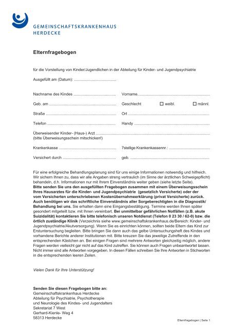 Elternfragebogen - Gemeinschaftskrankenhaus Herdecke