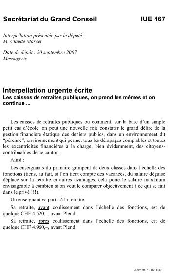 IUE 467 - Interpellation urgente ecrite de M. Claude Marcet : Les ...