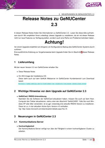 Release Notes zu GeNUCenter 2.3 Achtung! - GeNUA