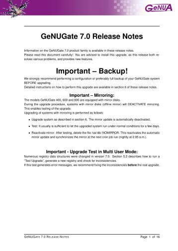 GeNUGate 7.0 Release Notes Important â Backup! - GeNUA