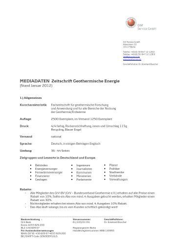 Mediadaten und Anzeigenpreise der Zeitschrift - Geothermie