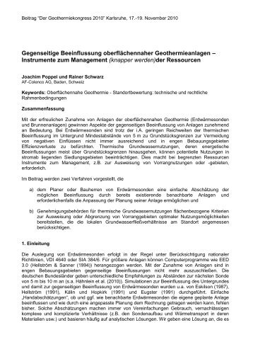 Gegenseitige Beeinflussung oberflächennaher Geothermieanlagen ...