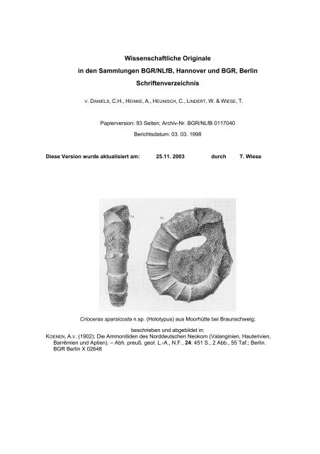Katalog Der Wissenschaftlichen Originale Schriftenverzeichnis