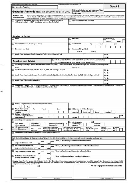 Gewerbe Anmeldung nach § 14 GewO oder § 55c GewO - Gauting