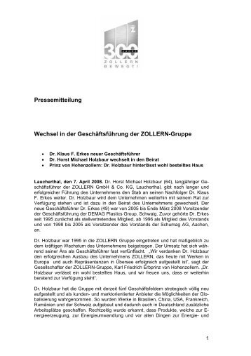 Pressemitteilung Wechsel in der Geschäftsführung der ZOLLERN ...