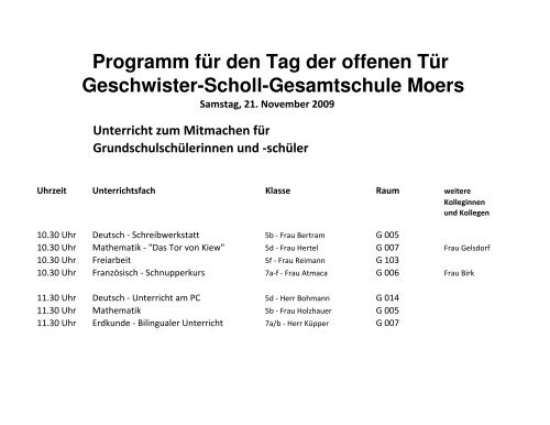 Geschwister-Scholl-Gesamtschule Moers Programm für den Tag der ...