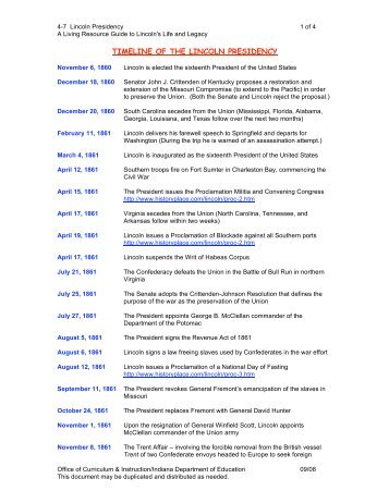 timeline of the lincoln presidency - Indiana Department of Education