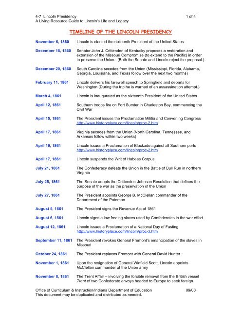 timeline of the lincoln presidency - Indiana Department of Education