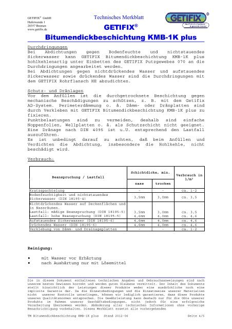 Technisches Merkblatt Bitumendickbeschichtung KMB-1K plus - Getifix